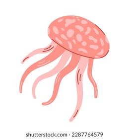 Pink medusa isolated on white background. Marine jellyfish with tentacles, aquatic underwater creature. Modern hand drawn flat illustration.