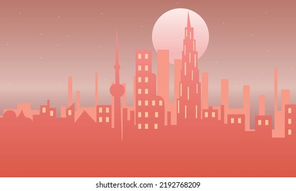 Pink mega city with light reflection. Concept for night life, business district center (CBD)Cyber punk theme, tech background