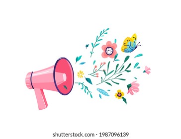 Pink megaphone with colorful spring flowers, leaves, plants isolated on white background. Creative fashion nature concept idea in minimal modern flat cartoon line style.