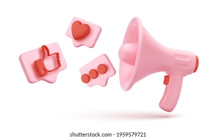 Pink megaphone with flying icons in bubbles isolated on white background. Vector illustration