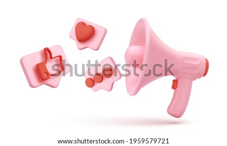 Pink megaphone with flying icons in bubbles isolated on white background. Vector illustration
