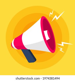 Pink megaphone isolated on yellow background. Symbol of the loudspeaker. Promotion annoucement.  Simple trendy cute cartoon object vector illustration. Flat style graphic design element icon. 