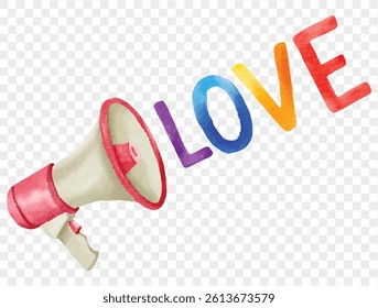 Pink megaphone with rainbow “LOVE” lettering in hand-painted watercolor style, symbolizing joy, positivity, and creative expression.vector
