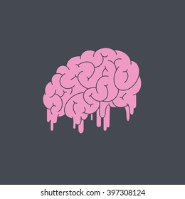 Pink melting brain on dark background. Vector line illustration