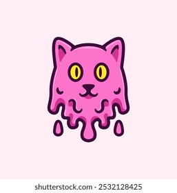 Pink Melting Cat Illustration in Cartoon Style with Bold Color