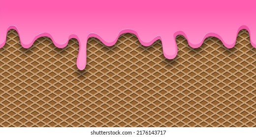 pink Melting and Dripping Down Glaze on Chocolate Wafer. Vector Sweet Food seamless Background.