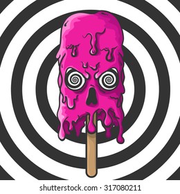 Pink melting Skull of ice cream with hypnotic eyes in horror pop-art style for Halloween  