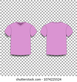 Pink men s t-shirt template v-neck front and back side views. Vector of male t-shirt wearing illustration isolated on transparent background.