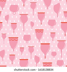 Pink menstrual cups for zero waste period seamless vector pattern background for fabric, packaging, wallpaper, poster or other projects. Surface pattern design.