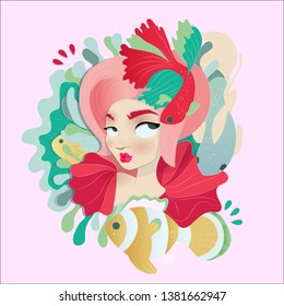 Pink Mermaid with Fish and Corals