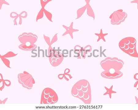 Pink mermaid shell starfish and ribbon seamless pattern cute pastel ocean background design.