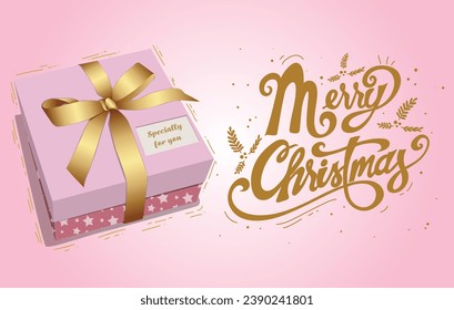 Pink Merry Christmas letter with gift box. Lettering Merry Christmas card vector Illustration.