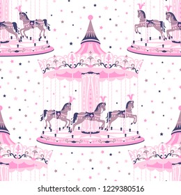 Pink merry-go-round seamless pattern. Carousel with horse. Amusement ride for childrens entertainment. Vector illustration can be used for textile, wallpaper, greeting card backdrop, phone case print.