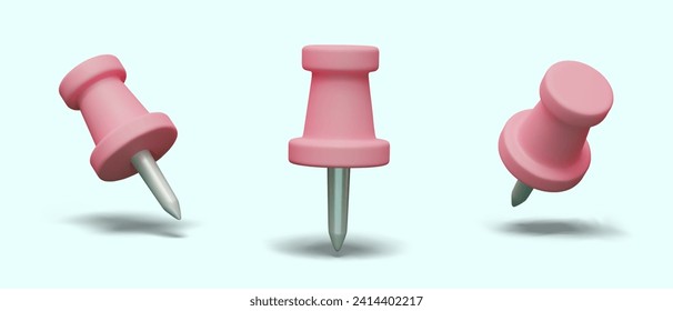 Pink metal push pin with plastic top. Realistic device for attaching pieces of paper to board