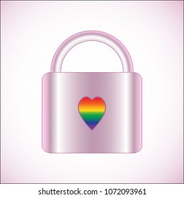 Pink metall lock vector icon with heart, lgbt flag, flat style isolated on white background, security symbol, design, logo, app, UI, EPS10. lesbian, gay, bisexual, and transgendered.