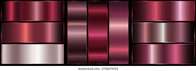 Pink metallic gradient with frame on black background. nine shiny metallic gradients. pink leaf texture..