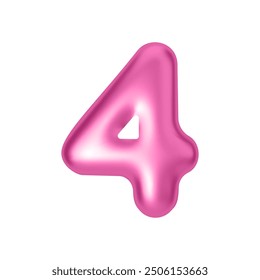 Pink metallic number 4. Foil and latex balloon number four in 3d style. Realistic design elements isolated on white background. Vector illustration