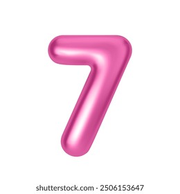 Pink metallic number 7. Foil and latex balloon number seven in 3d style. Realistic design elements isolated on white background. Vector illustration