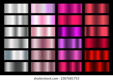 Pink metallic rose vector gradients, pink colorful palette and texture set. Iridescent Foil. Glitch Hologram. Pastel neon rainbow. Ultraviolet metallic paper.   Glossy pink background for ribbons.