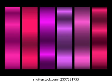 Pink metallic rose vector gradients, pink colorful palette and texture set. Iridescent Foil. Glitch Hologram. Pastel neon rainbow. Ultraviolet metallic paper.   Glossy pink background for ribbons.