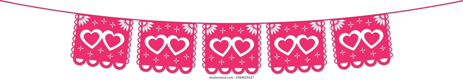 Pink Mexican flags for Mexican style wedding. Papel Picado with floral pattern and hearts. Isolated vector illustration