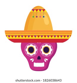 pink mexican skull with hat, in white background vector illustration design