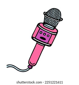 Pink microphone vector icon. Cute device with a wire. Hand drawn illustration isolated on white. Musical item for karaoke, broadcasts, stand-up. Flat cartoon doodle. For logo, apps, web, prints