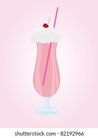 pink milk shake with cherry over pink and white background. vector