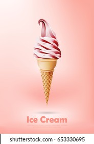 Pink Milk soft cream ice cream cone, transparent Vector illustration