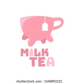 pink milk tea cup mug drink logo concept design illustration