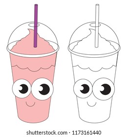 Pink Milkshake cartoon. Outlined illustration with thin line black stroke