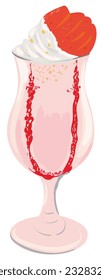 Pink milkshake with strawberries and whipped cream. Vector isolated image on a white background.