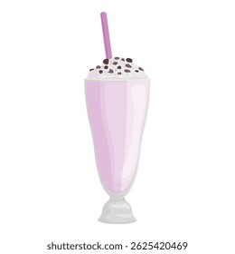 Pink milkshake with whipped cream, chocolate chips topping and straw in a tall glass