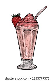Pink milkshakes with strawberry isolated on white backgrouns. Vector dessert of different hand drawn food. Sketch style. Colorful illustration. 