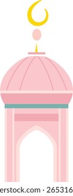 Pink minaret tower with crescent moon on top in pastel style, ideal for use in Islamic celebration and mosque-themed vector graphics.