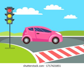 Pink mini car going to cross pedestrian crossing, traffic lights and road. Vector women vehicle at crosswalk, rules of driving concept, empty way in front of auto. Flat cartoon