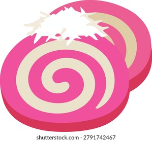 Pink mini roll cake vector illustration. Sweet swirled pastry with grated coconut topping.