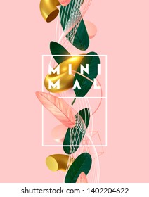 Pink minimal background with realistic 3d elements. Flying Petals Leaves green and pink, golden bagel, metallic torus. Stylish poster, cover, banner. creative composition, vector illustration