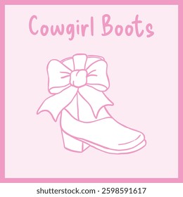 A pink minimalist line drawing of a cowgirl boot with a large, neatly tied bow, framed with text, Vector Illustration