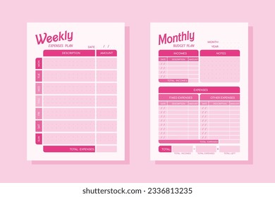 Pink minimalistic monthly and weekly financial planners. Budget management in raspberry color. Total of income and expenses
