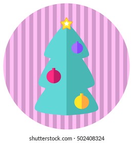 Pink and mint fir tree flat style vector icon. Retro style Christmas or New Year stamp or logo with fir tree. Ornament fir tree icon on round background. Flat style Christmas icon. Winter holiday icon
