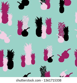 Pink, mint green and black seamless vector background with elements of pineapple and coconut. Perfect for fabric, gift wrap, wall paper, scrapbooking, quilting, home decor, invitation and projects.
