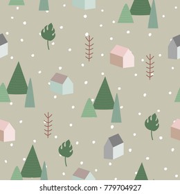 Pink and mint houses in winter vector illustration. Houses and leaf pastel color. Christmas mood pattern. Cute cartoon card. Let it snow in the village.