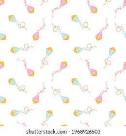 Pink, mint and orange kites on a white background. Cute simple pattern for baby clothes, bedding and wallpaper.