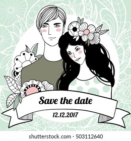 Pink and mint wedding invitation. Hand drawn vector card