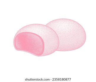 Pink mochi ice cream white background  Japanese traditional sweet soft dessert  Ball rice flour and bean paste  Vector illustration  healthy sweet snack 