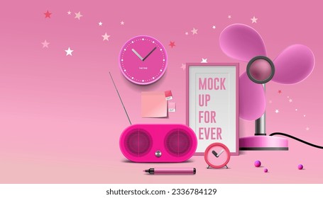Pink mockup in Barbie style 60s with pink items. Vector illustration