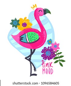 Pink mod. Summer Tropical t shirt design with funny pink flamingo, crown, flowers, leaves brunch and big blue heart on back side. decorative exotic bird poster. girlish illustration. 