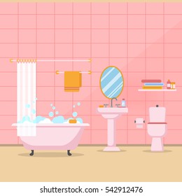 Pink Modern bathroom interior with furniture in flat style. Design modern bathroom Vector illustration