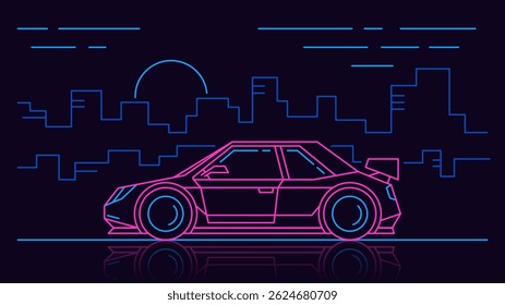 Pink modern car side view driving on the road in the city at night. Outline abstract neon illustration city scene.